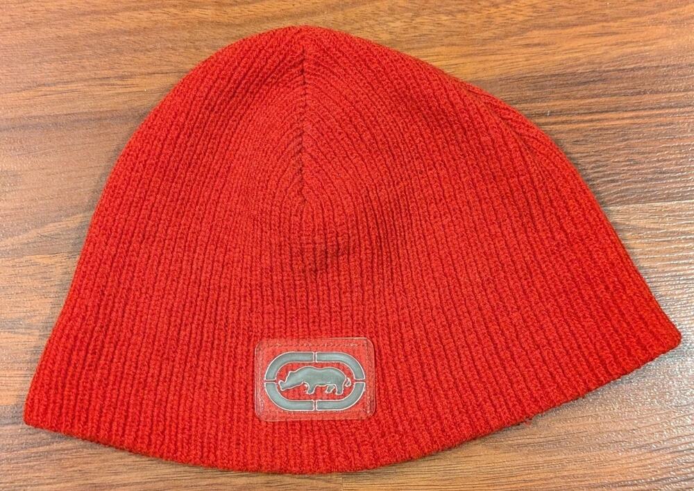 Vintage Ecko Unltd Red Knit Beanie Hat Rhino Logo Y2K Hip Hop Streetwear